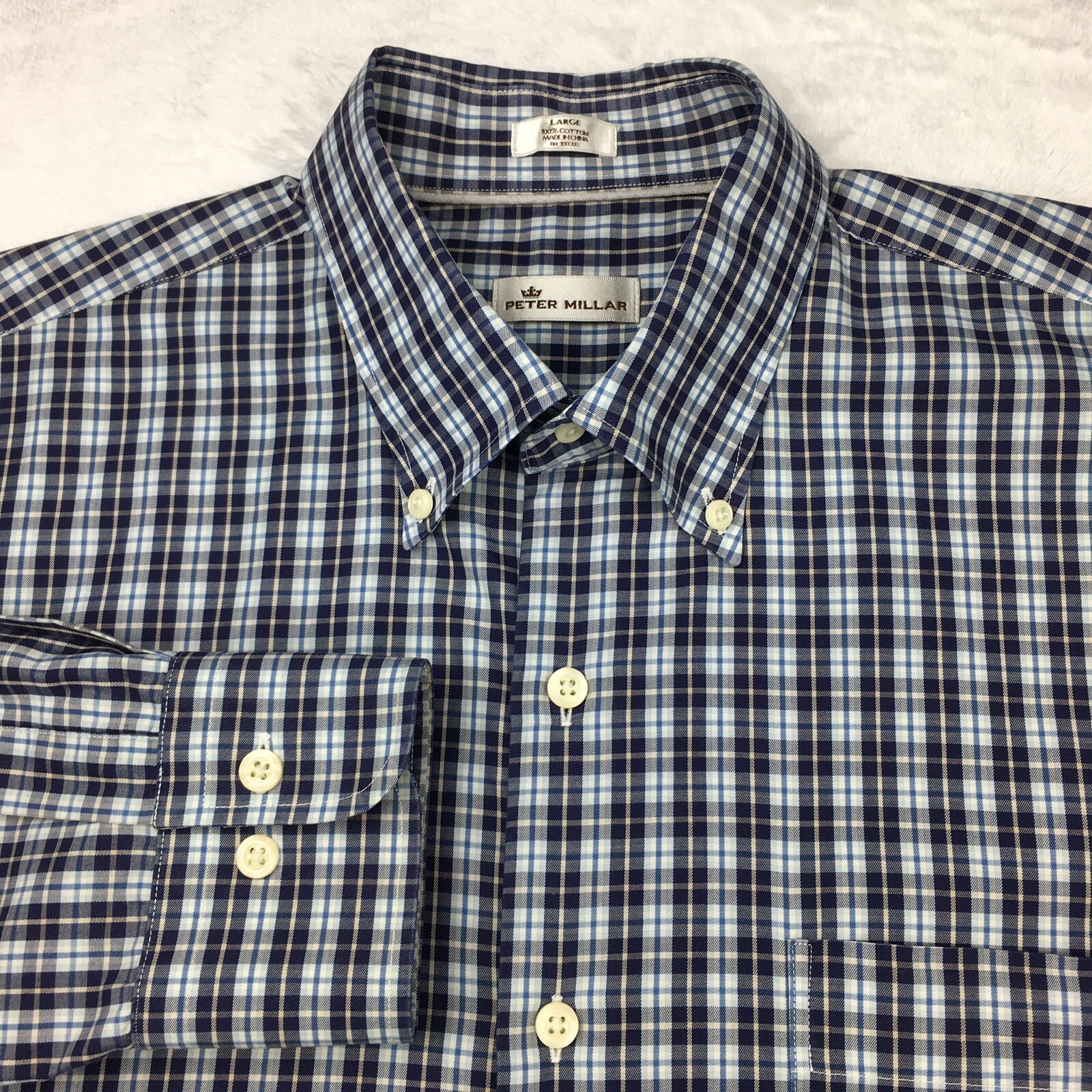 Peter Millar Shirt Mens Large Blue Plaid Long Sleeves